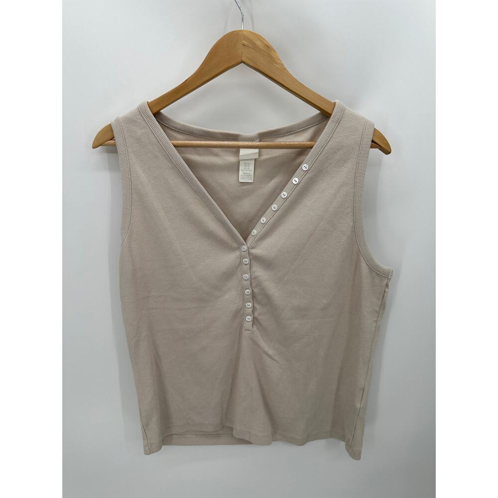 H&M Top Women XL Cream Thermal Ribbed Button Detail Sleeveless V-Neck Tank
